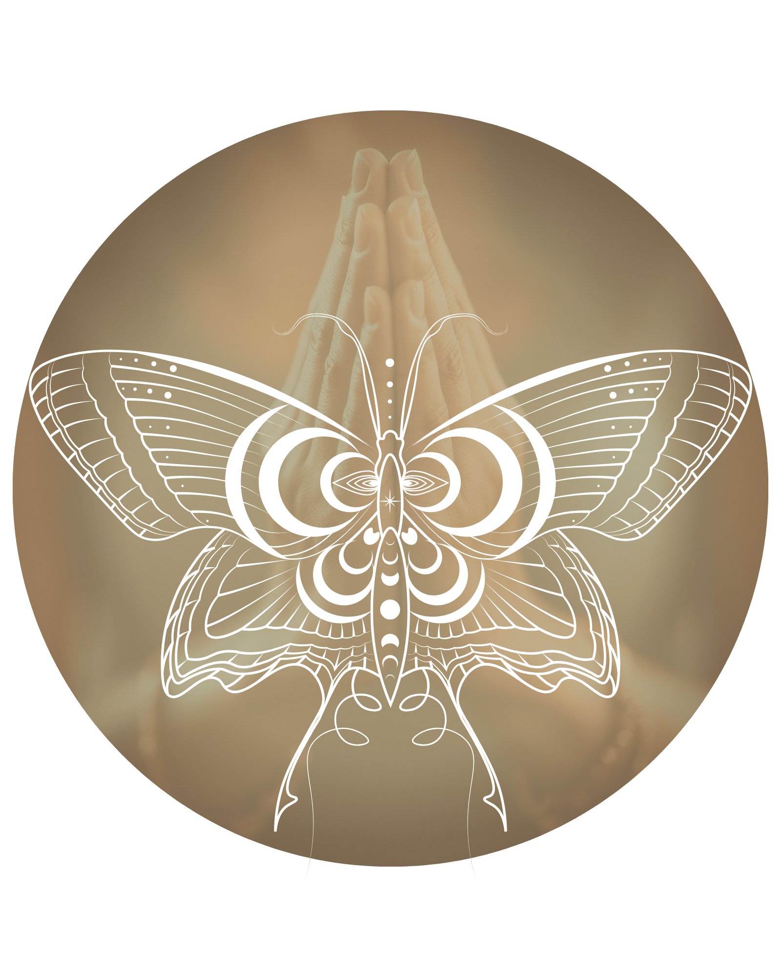 Round Brown Circle Featuring a White Ornate Butterfly Line Art over Blurred Praying Hands Background decorativemeditative Emblem