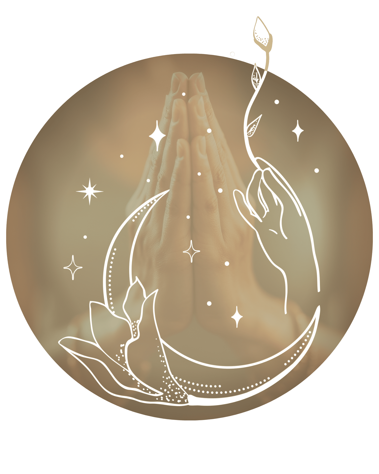 Praying Hands Outlined in White Inside a Warm Circular Backdrop with a Crescent Moon Leaves and Stars As Decorative Line Art